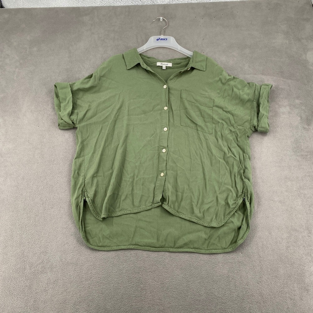Madewell Olive Green Short Sleeve Button Down Shirt Viscose XL Pocket High Low
